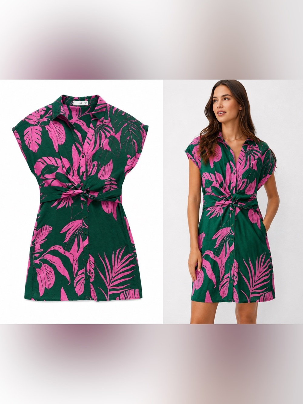 MNG Tropical Leaf Print Mini Shirt Dress Size 8 Green Pink
